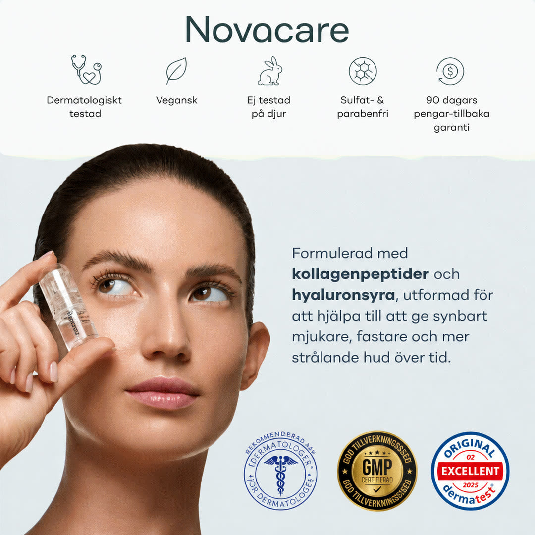 Kvinna applicerar Novacares mikroinfusionsbehandling för hemmabruk på kinden, med märken för dermatologiskt testad, vegansk, cruelty free, fri från sulfater och parabener samt 90 dagars garanti