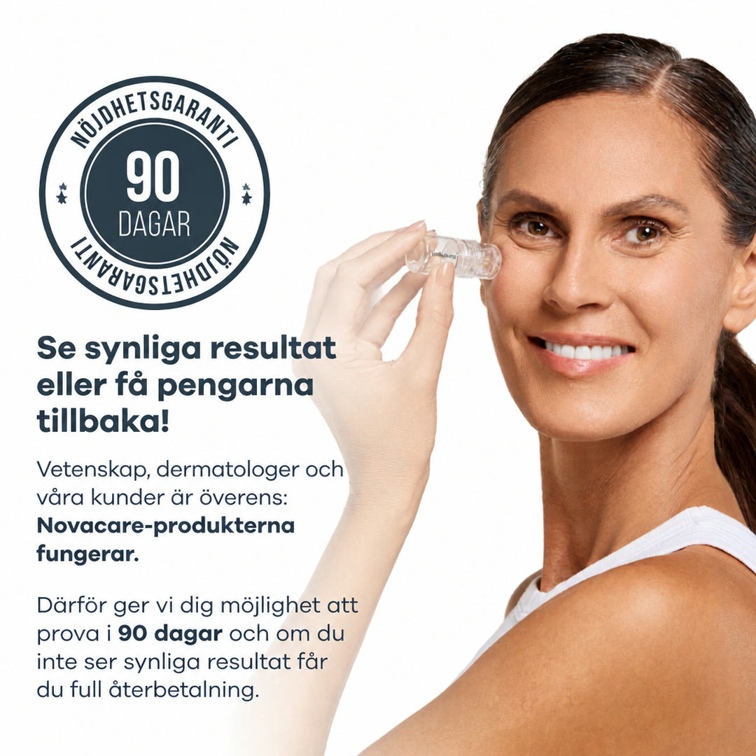 Kvinna håller i Novacares mikroinfusionsapparat för hemmabruk bredvid en pengarna-tillbaka-garanti på 90 dagar