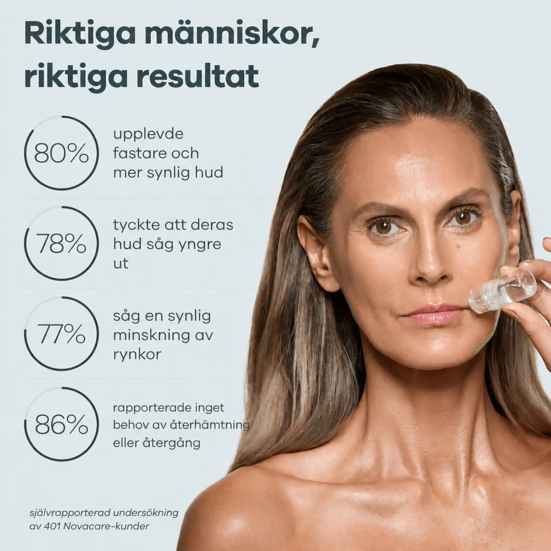 Enkät bland 401 kunder av Novacares mikroinfusionssystem: 80 % upplevde att huden såg fastare ut, 78 % tyckte att huden såg yngre ut, 77 % såg att rynkorna blev mindre framträdande och 86 % uppgav att de inte behövde någon återhämtningstid