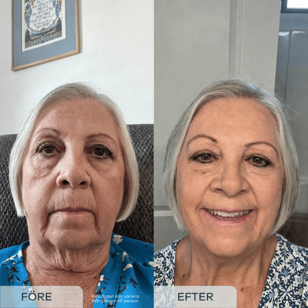 Bilder framifrån före och efter mikroinfusion av en Novacare-kunds kinder, käklinje och hals. Resultaten kan variera från person till person
